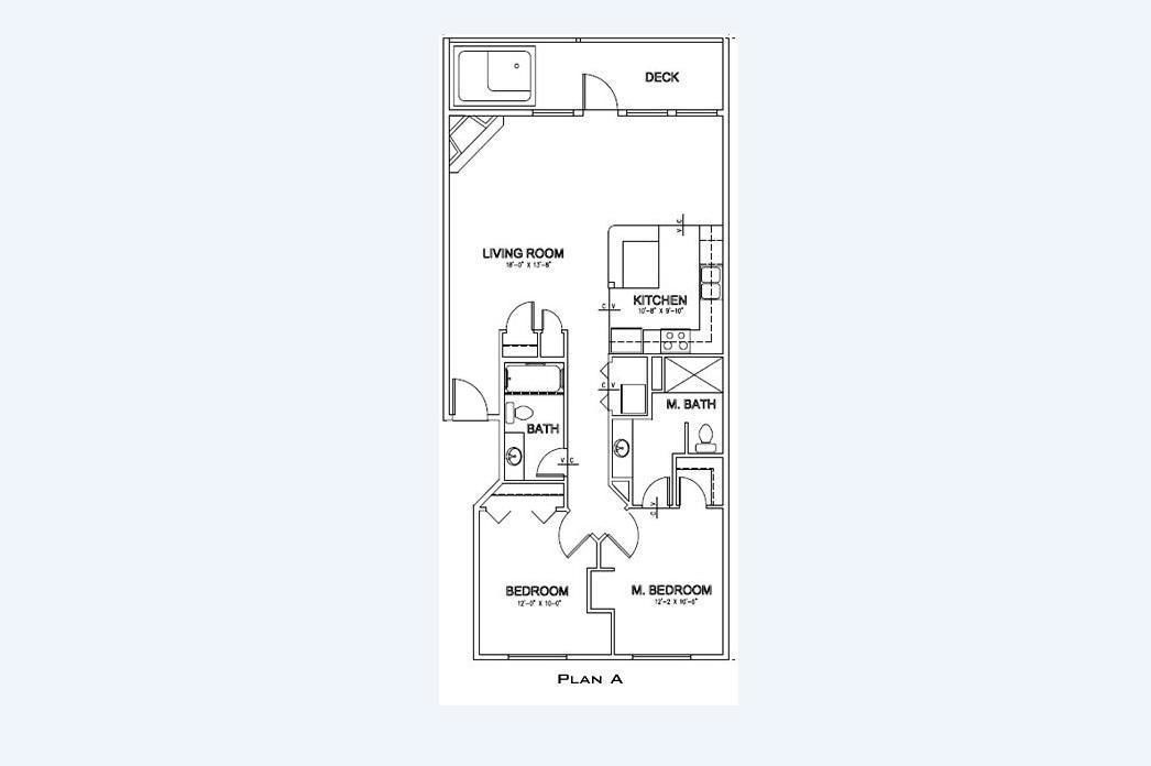 Plano de una casa que muestra una sala de estar, cocina, dos dormitorios, un dormitorio principal y una terraza.