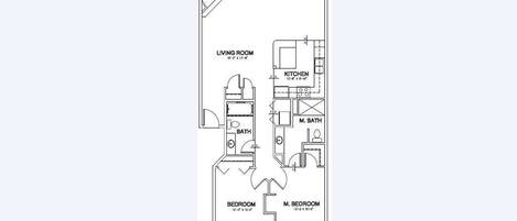Plano de una casa que muestra una sala de estar, cocina, dos dormitorios, un dormitorio principal y una terraza.