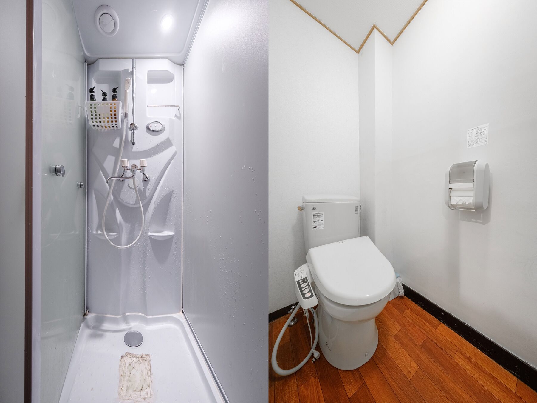 A compact bathroom with a shower, toilet, and a paper towel dispenser.