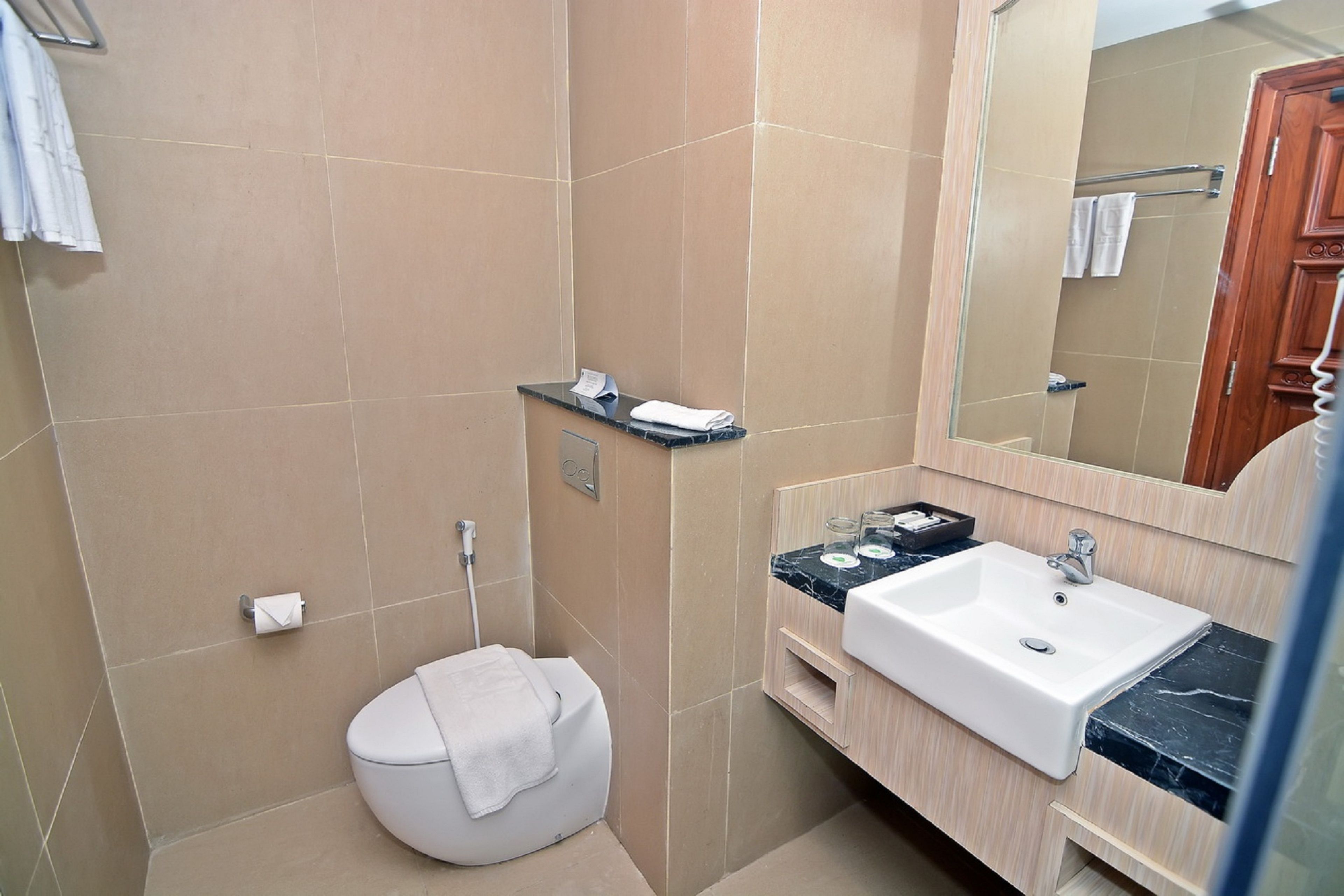 A bathroom with a toilet, sink, mirror, and towel rack.