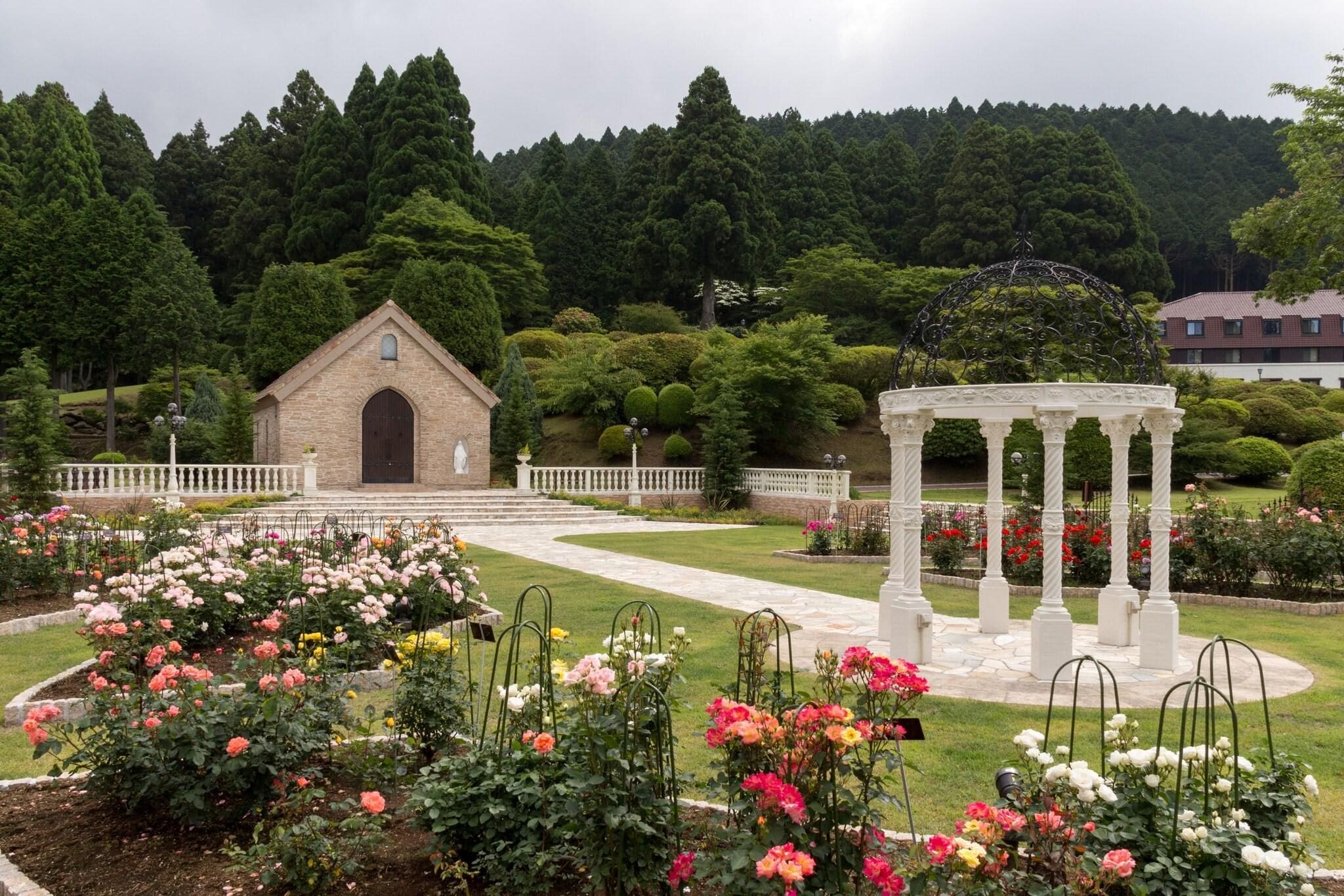 Ein Garten mit einem Gartenhäuschen, einem kleinen Backsteinbau und einem gepflegten Rasen.