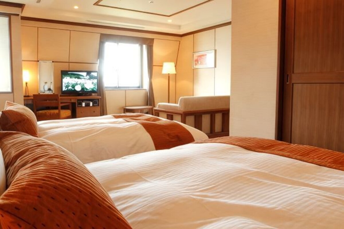 Habitación de hotel con dos camas, televisión, escritorio y silla.