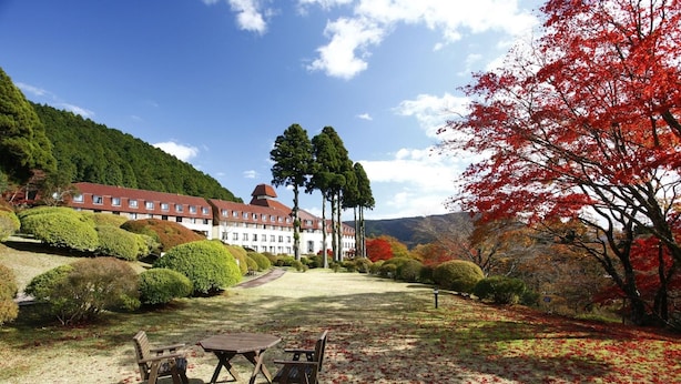 A hotel with a red roof, surrounded by well-maintained gardens and a large tree with red leaves. - Odakyu Hotel de Yama (Hakone)