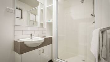 A modern bathroom with a glass-enclosed shower, a white sink, and a mirror above the sink.