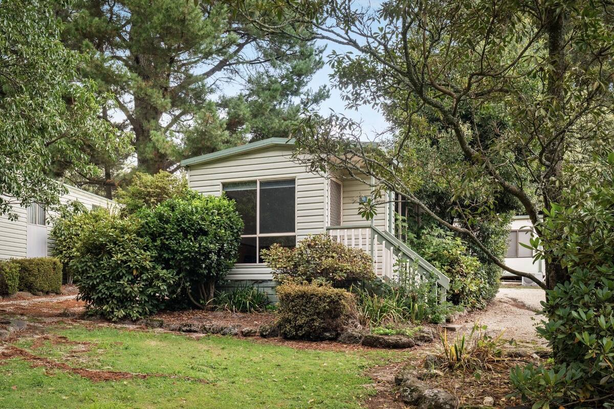 A single-story house with a front porch, surrounded by dense foliage and a well-maintained lawn.