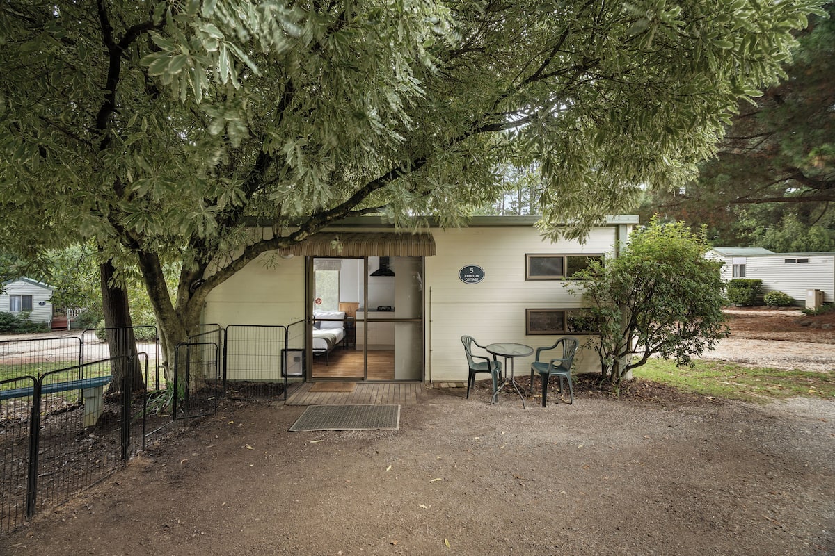 A house with a covered porch, a small patio with chairs, and a visible door leading to an interior space.