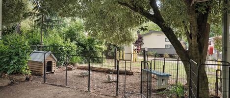 A fenced outdoor area with a doghouse, a bench, and a tree.