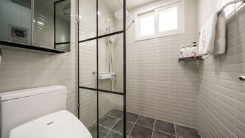 Hair dryer, slippers, bidet, towels