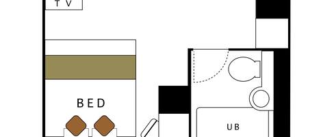 A 13.6 m² bedroom with a bed width of 140 cm, a TV, and a bathroom.