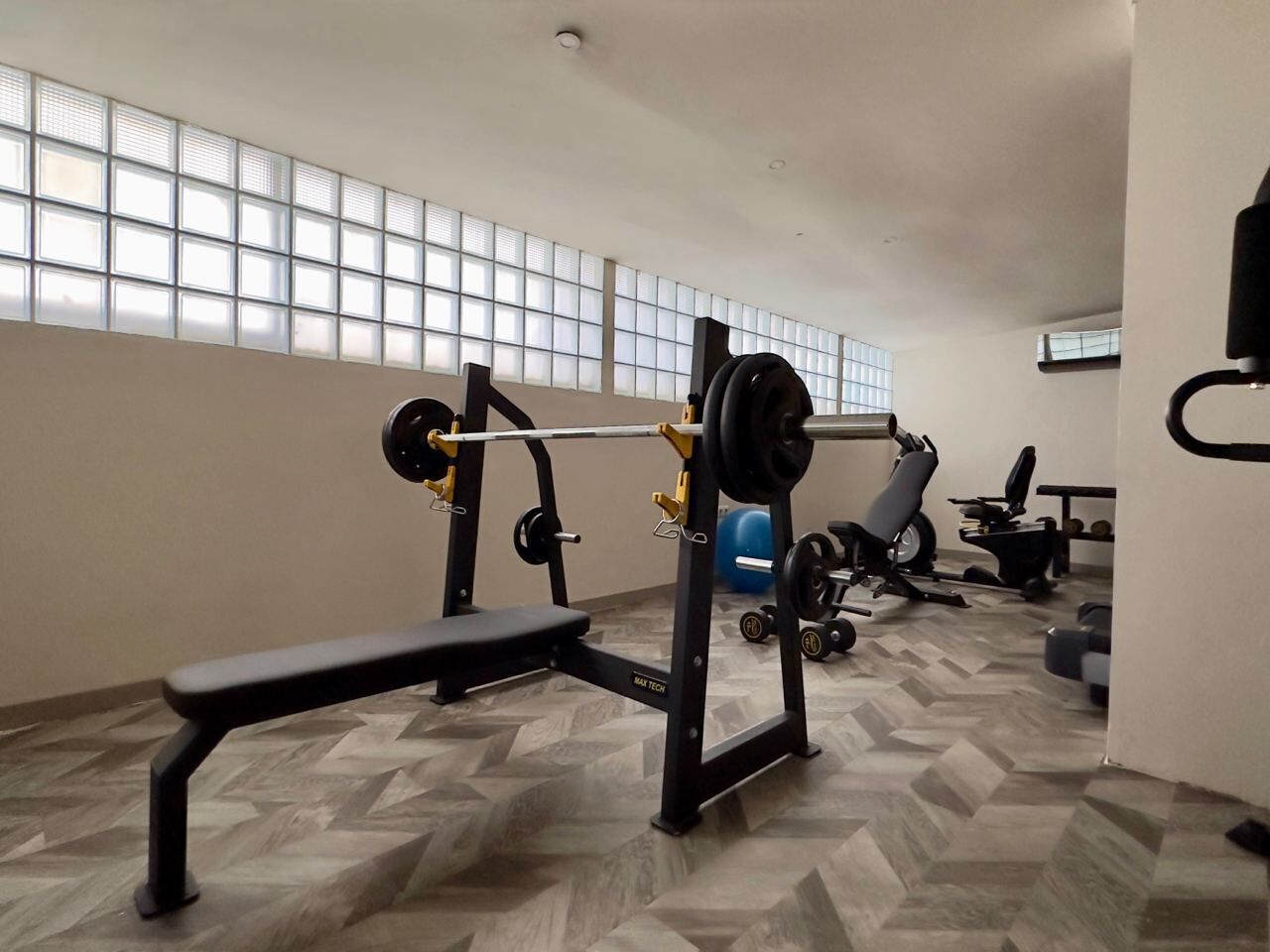 Un gimnasio con una prensa de banca, una jaula de sentadilla y varios pesas.