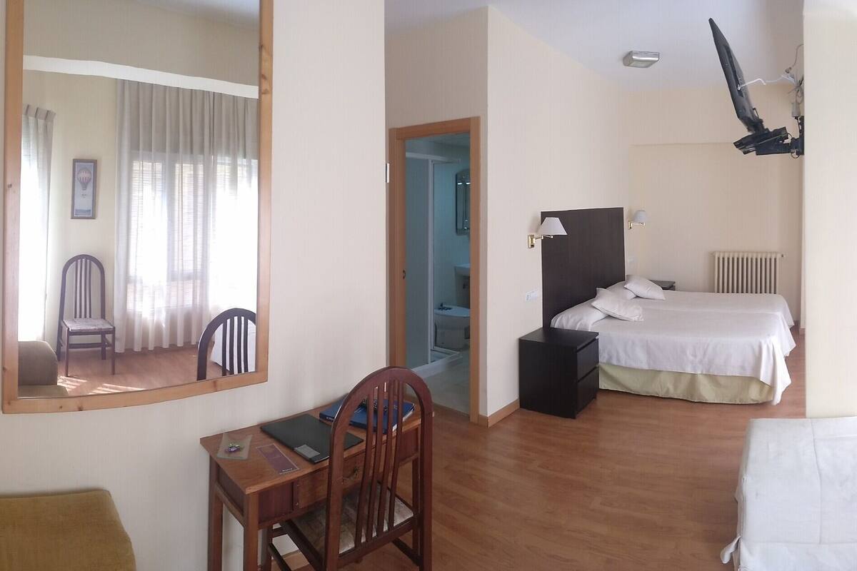 A bedroom with a bed, a desk, a chair, a mirror, and a radiator.