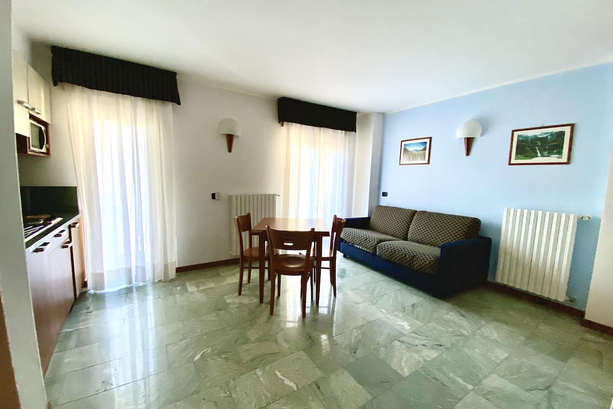 A living room with a sofa, a dining table with chairs, a kitchen area with a stove, and a radiator.