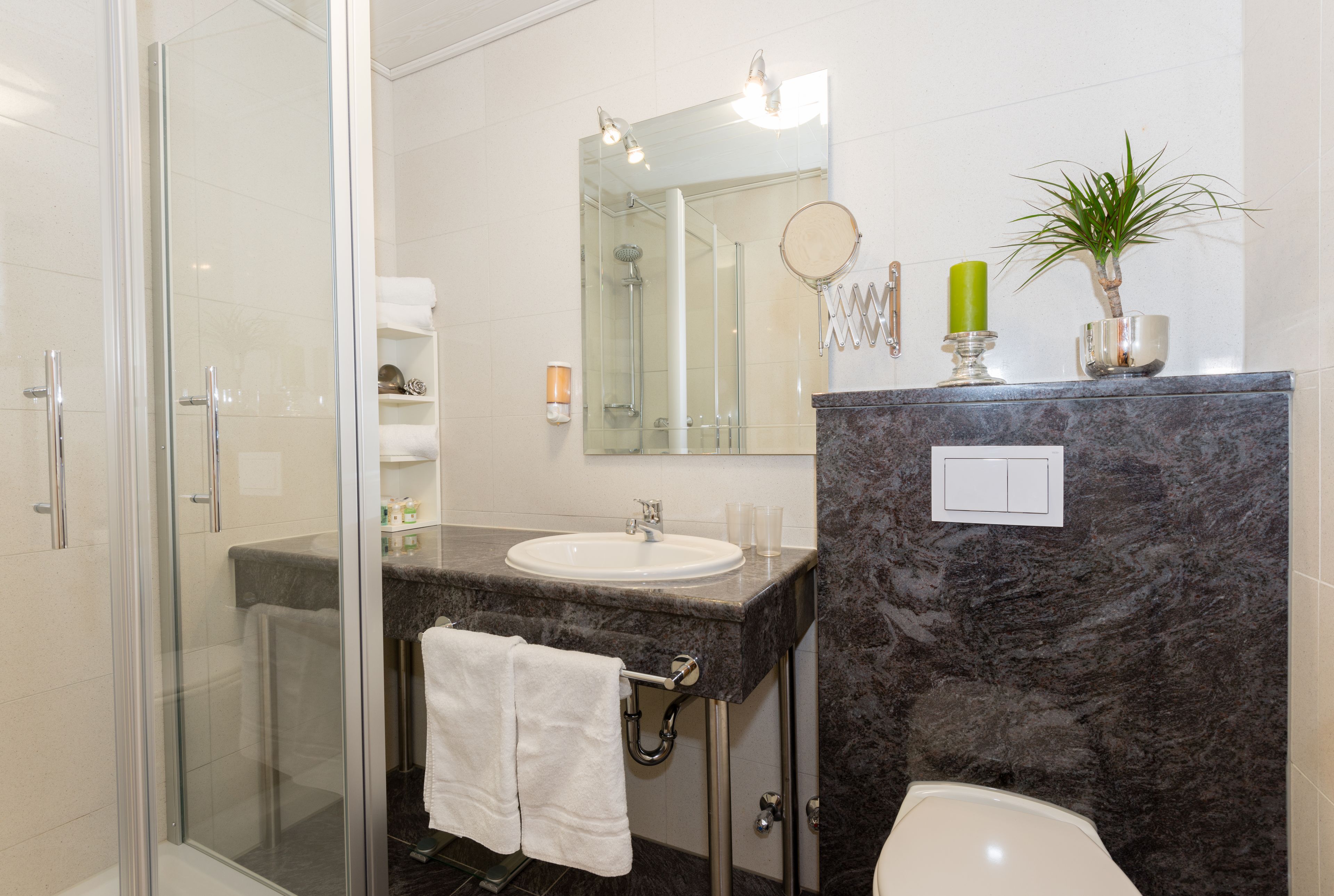 A modern bathroom with a glass-enclosed shower, a sink with a marble countertop, and a toilet.