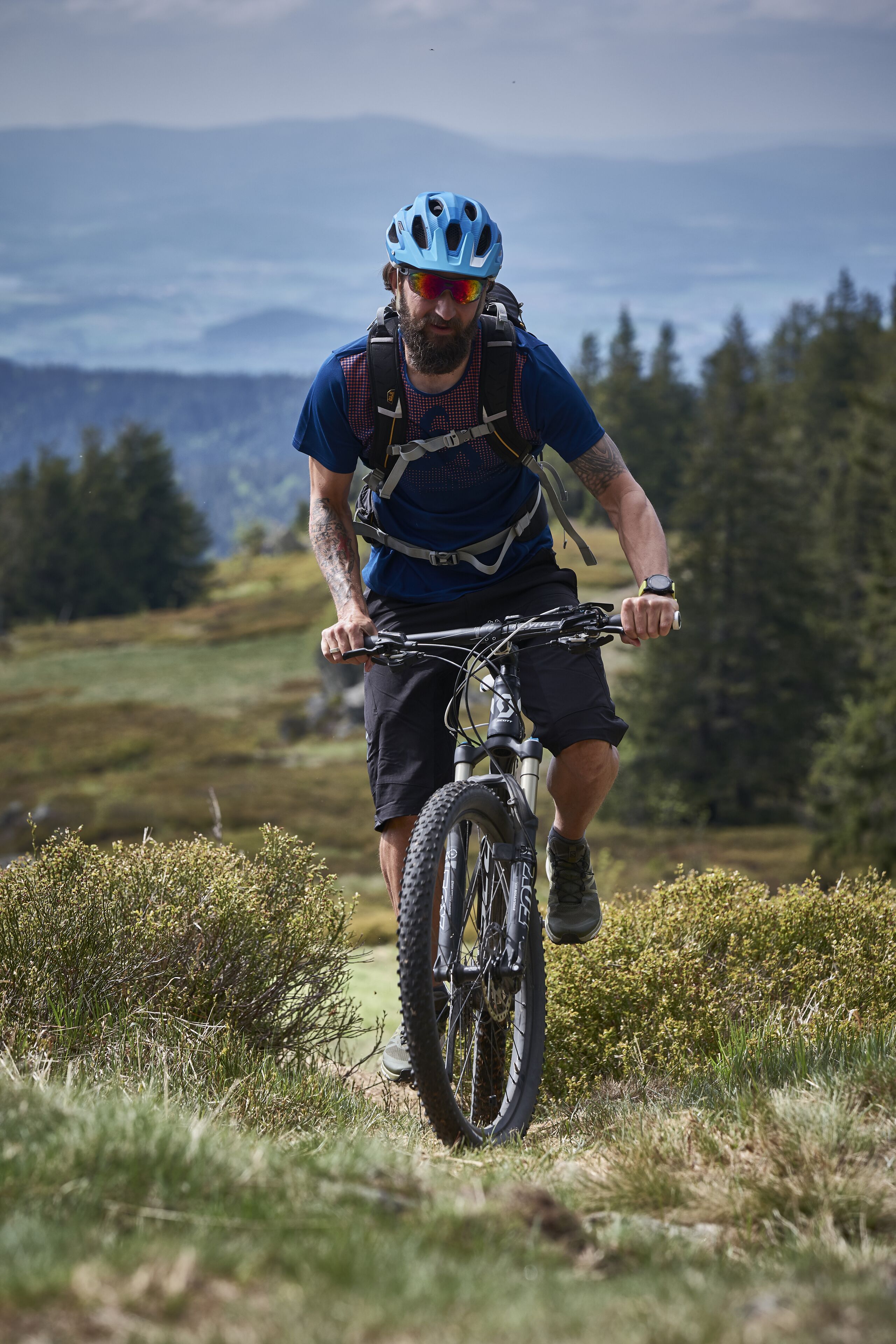 A person riding a mountain bike on a trail with a backpack and helmet, surrounded by greenery and distant mountains.