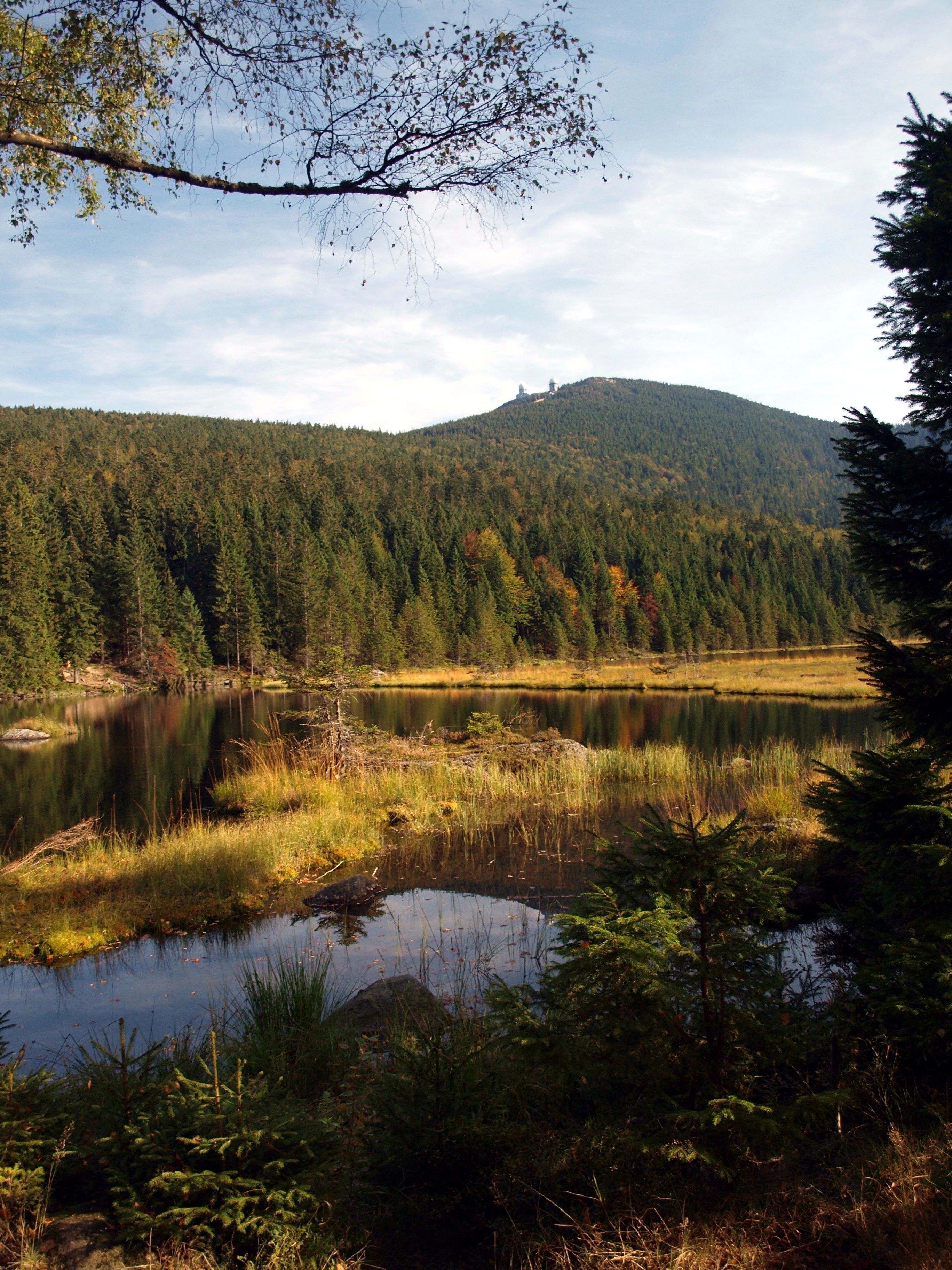 A serene lake surrounded by dense forest and a hill with a small structure on top.