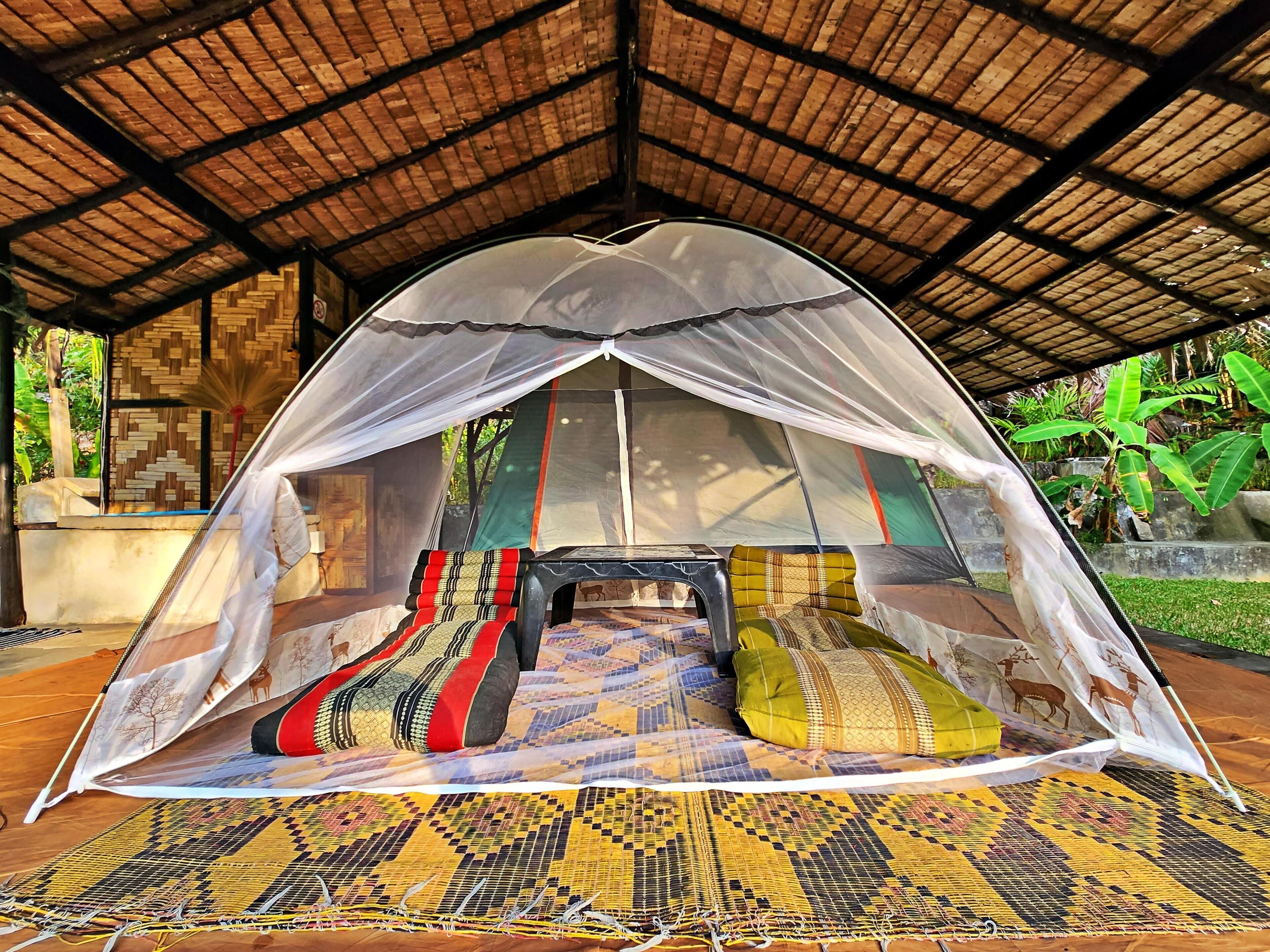 A tent with a mosquito net, a patterned mat, and a bench.
