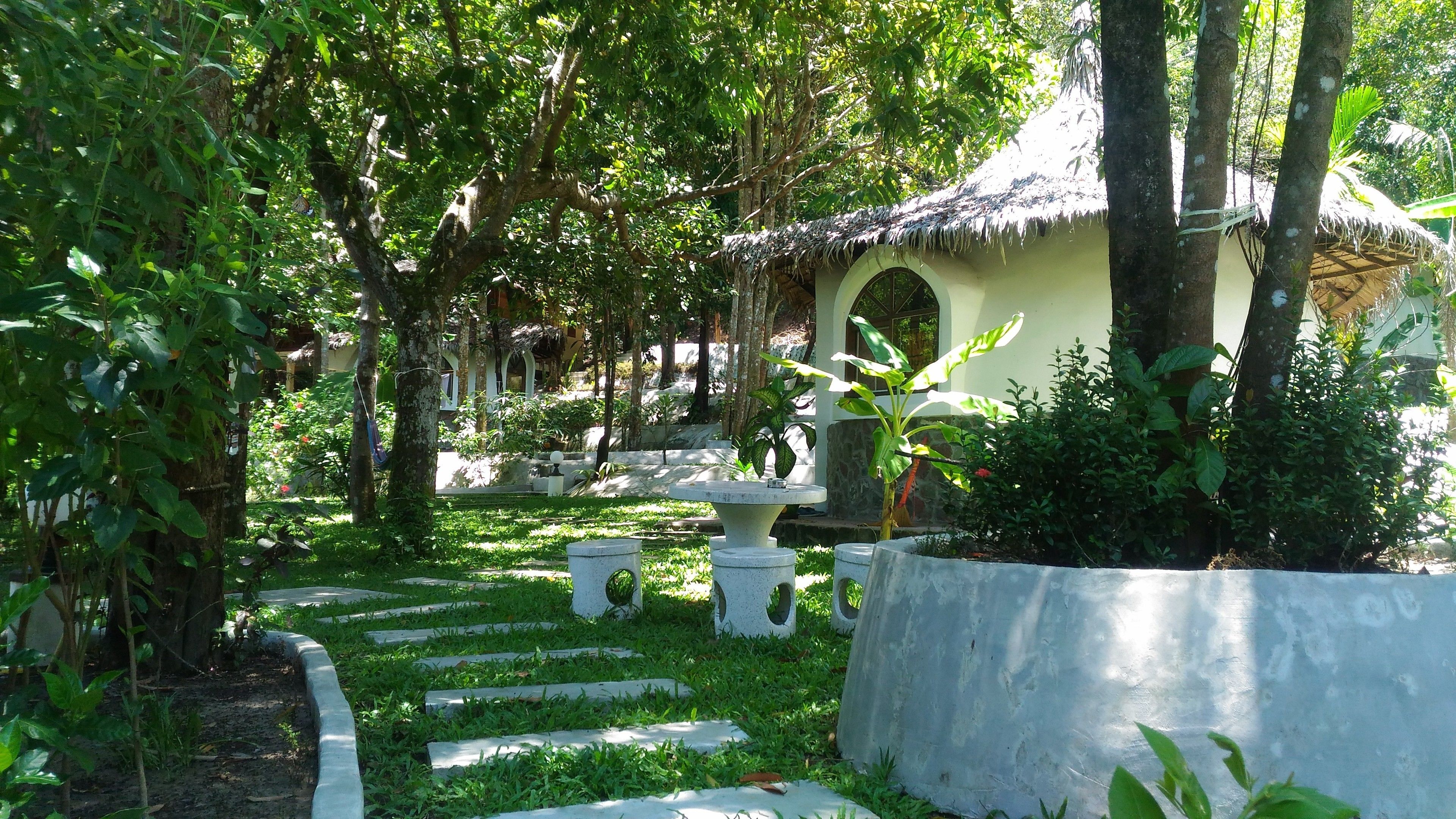 A garden with a thatched-roof structure, stone steps, and lush greenery.
