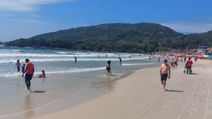 A beach with people walking and standing, a sandy shore, and a forested hill in the background.