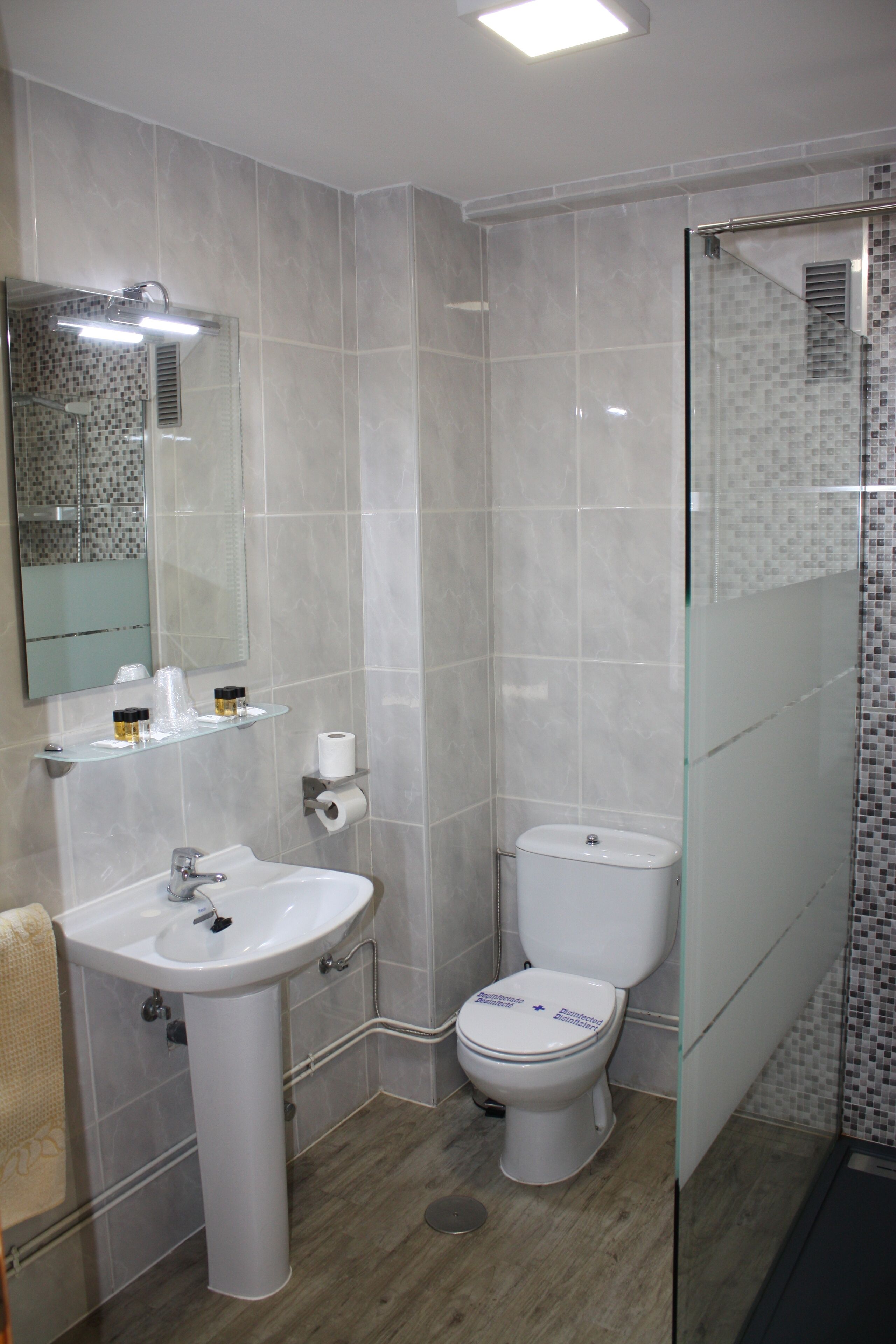 Un baño moderno con cabina de ducha de vidrio, un lavabo blanco y un inodoro.