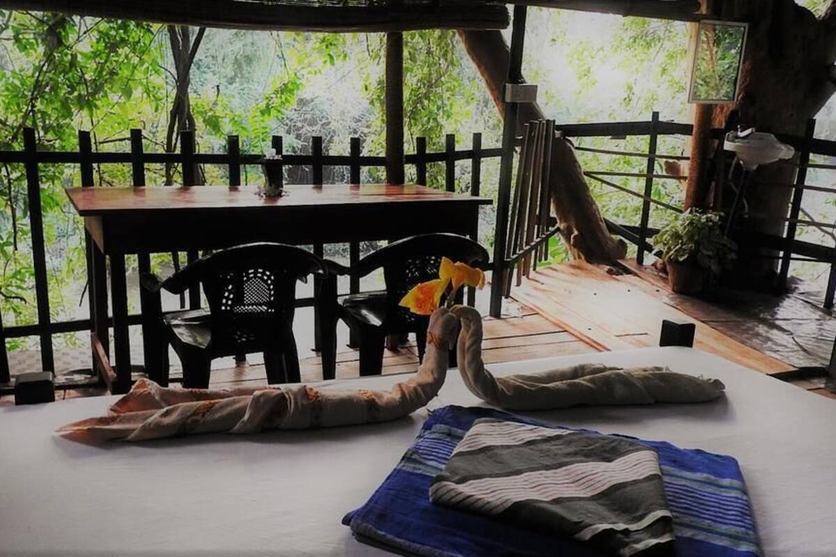 A room with a bed, a table, and chairs. There is a view of trees through a wooden fence.