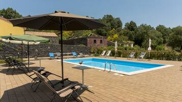 Außenpool (je nach Saison geöffnet), Sonnenschirme, Liegestühle