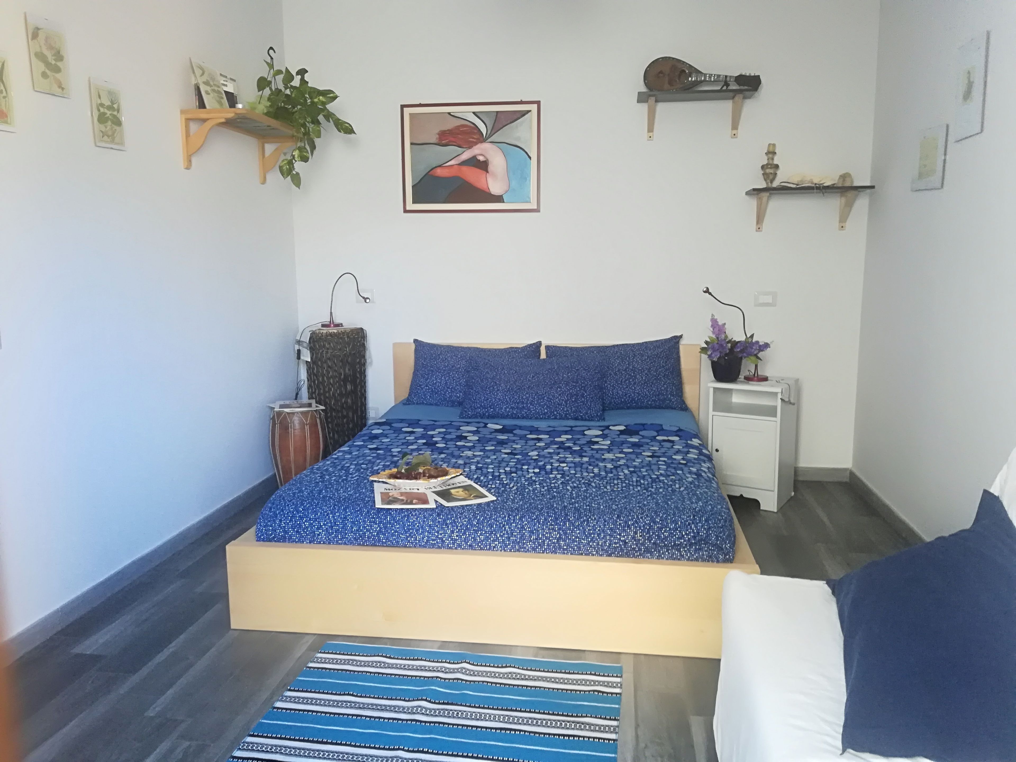 A bedroom with a bed, a bedside table, a lamp, a plant, and a wall-mounted shelf with a guitar.