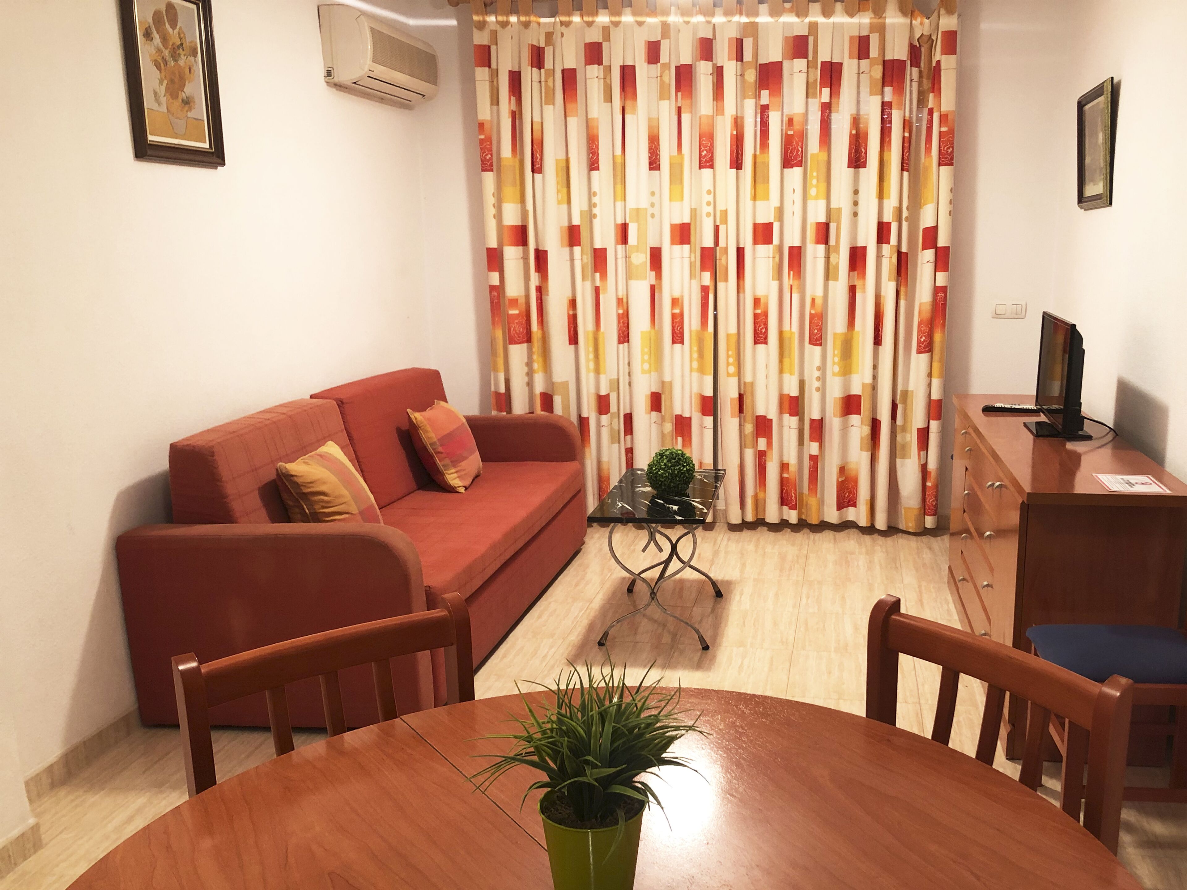 Una sala de estar con un sofá rojo, una mesita con una planta, un televisor sobre un mueble de madera y una cortina con estampado geométrico.