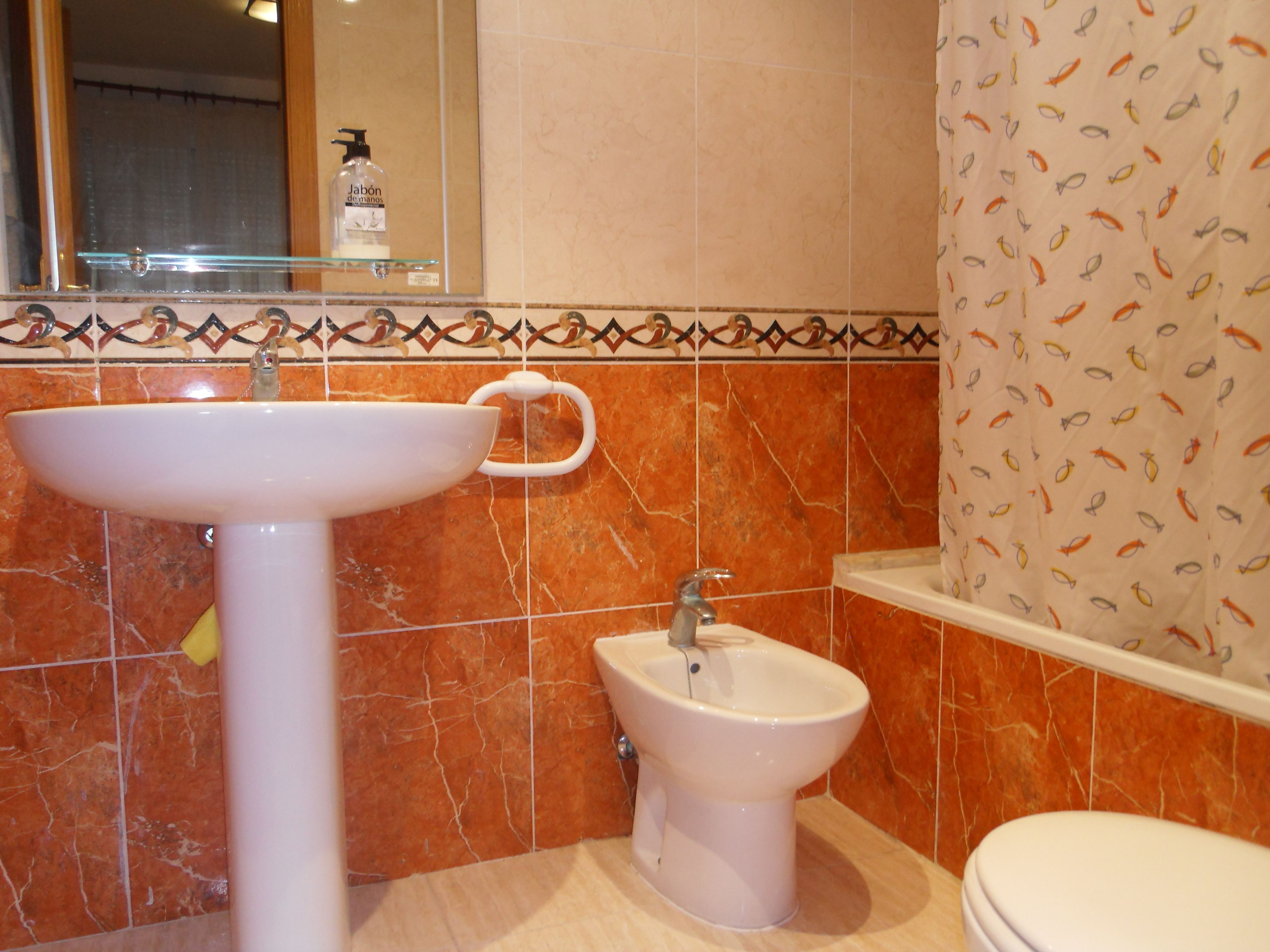 Une salle de bain avec un lavabo sur colonne blanc, un petit bidet blanc et des toilettes.
