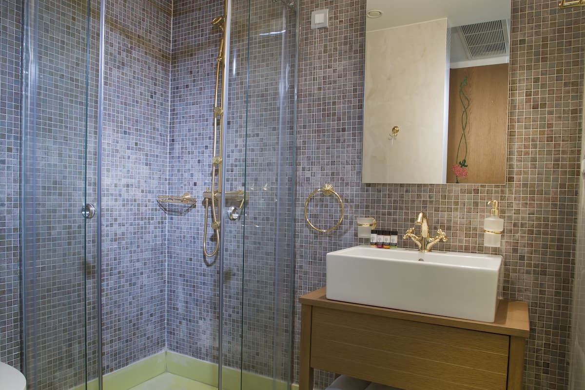 shower, rainfall showerhead, designer toiletries, hair dryer