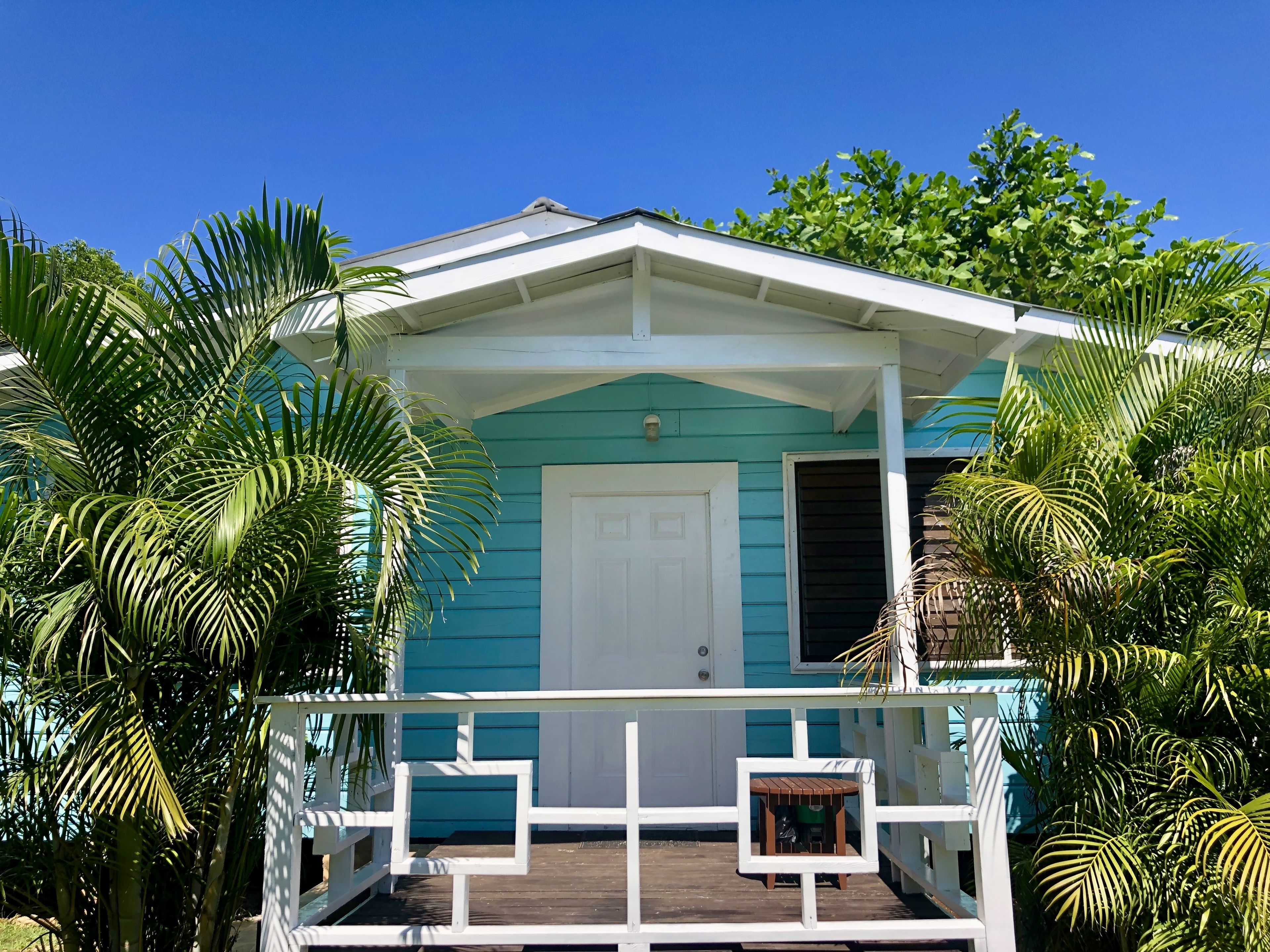A small house with a porch, surrounded by lush tropical plants.