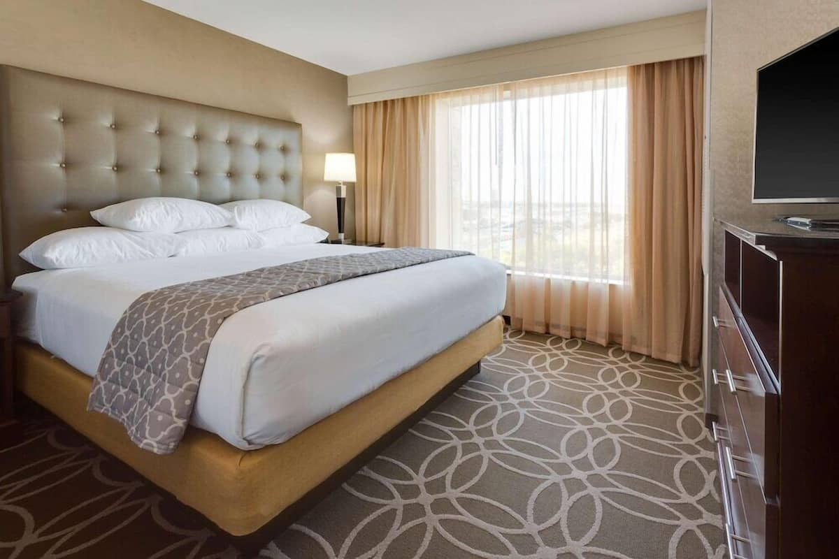 A hotel room with a large bed, a television, and a window with curtains.