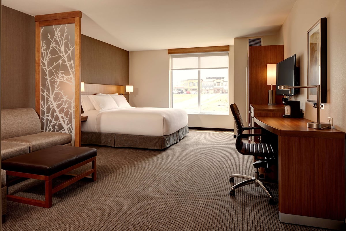 A hotel room with a bed, a desk, a chair, a sofa, and a large window.