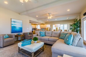 House, 6 Bedrooms, Ocean View | Living room | DVD player - Pass Time by Luxury Gulf Rentals (Gulf Shores)