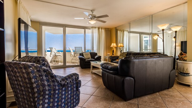 Condo, 3 Bedrooms, Oceanfront | Living room | DVD player - Perdido Sun by Luxury Gulf Rentals (Pensacola)
