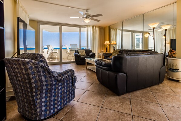 Condo, 3 Bedrooms, Oceanfront | Living room | DVD player - Perdido Sun by Luxury Gulf Rentals (Pensacola)