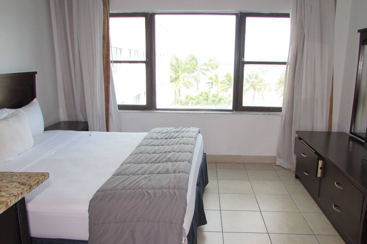 Une chambre d’hôtel avec un lit, une télévision, un bureau et une fenêtre donnant sur des palmiers.