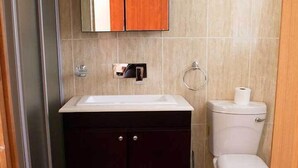 A bathroom with a dark wooden vanity, a white sink, and a toilet. - Ebony and Ivory (Bloemfontein)