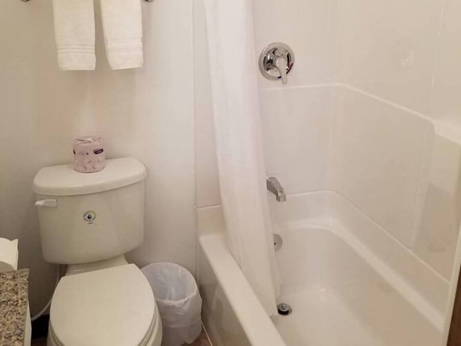 A bathroom with a toilet, a trash bin, and a bathtub.