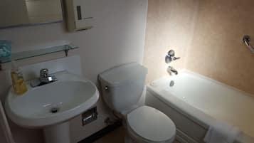 Combined shower/tub, free toiletries, towels