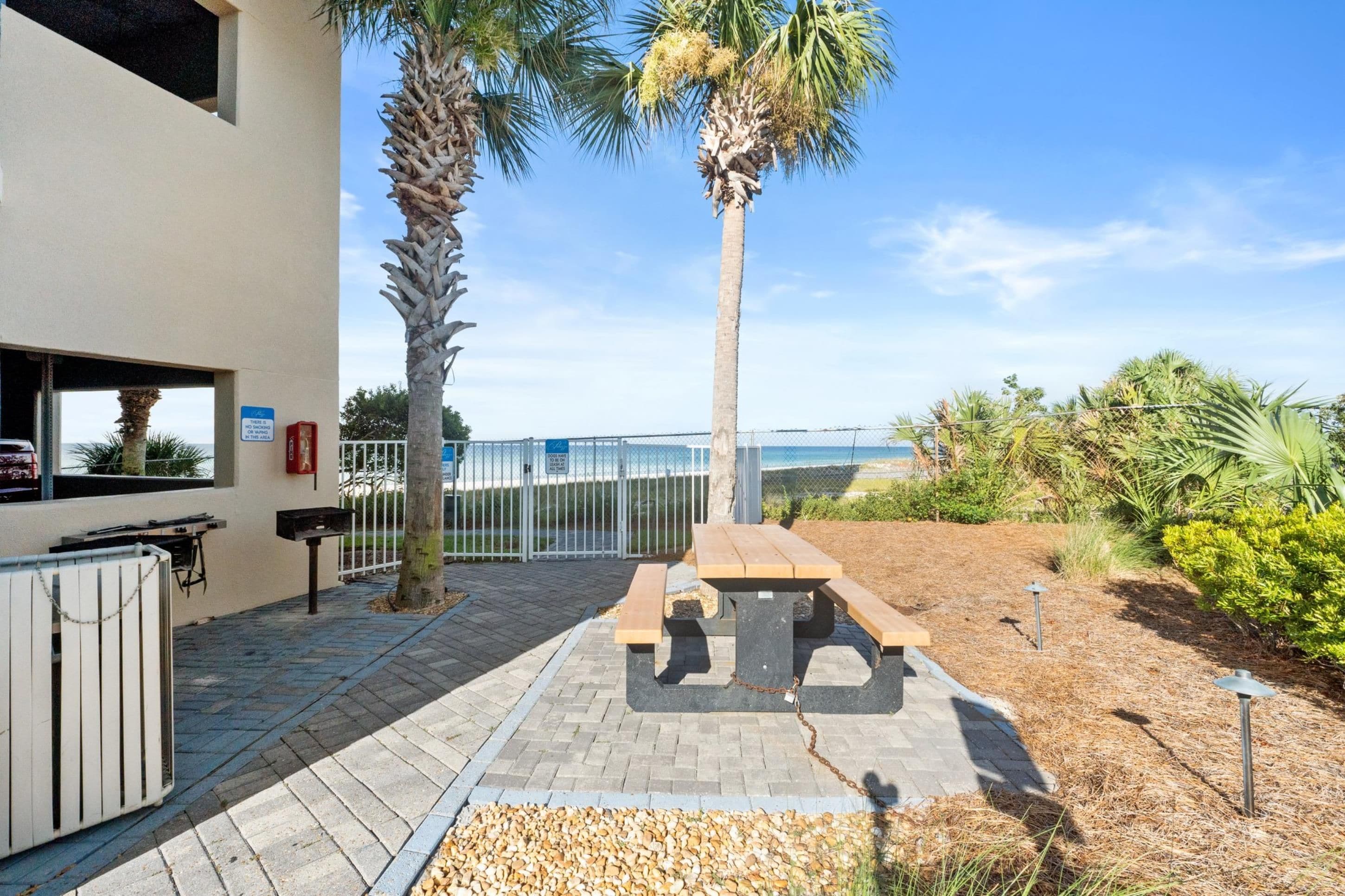 A patio area with a picnic table, palm trees, and a view of the ocean.