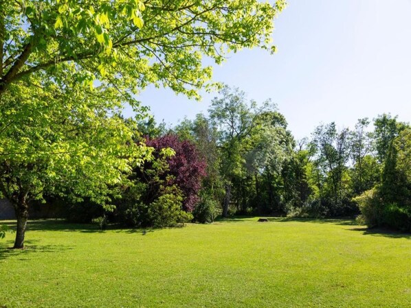 A well-maintained grassy area with trees and shrubs, likely part of a park or garden setting.