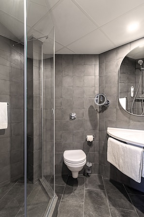 Shower, eco-friendly toiletries, hair dryer, towels