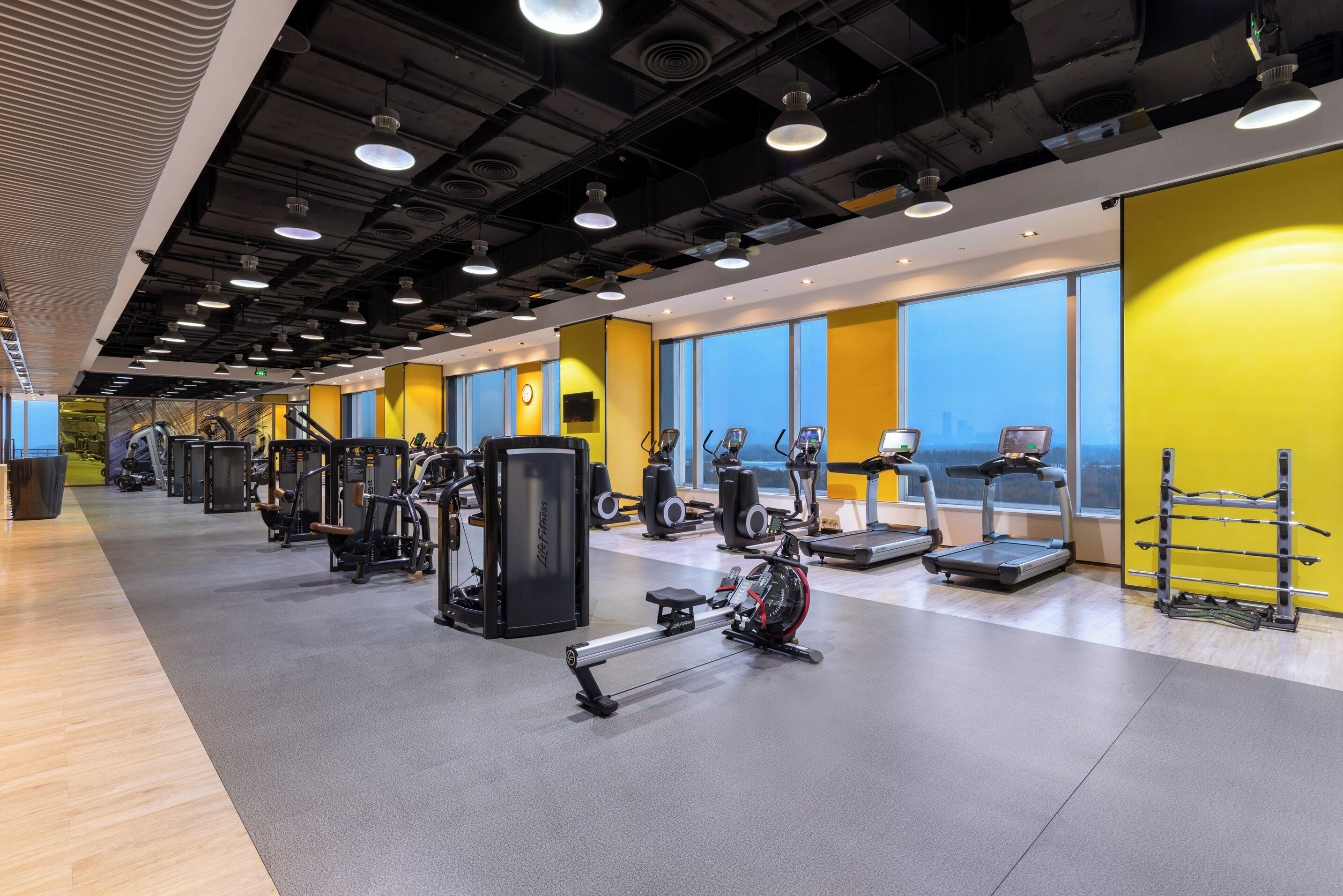 A modern gym with cardio machines, weight stations, and a large window offering a city view.