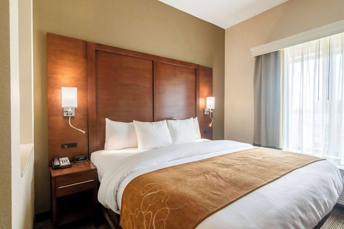 A hotel room with a large bed, two bedside lamps, a nightstand with a phone, and a window with curtains.