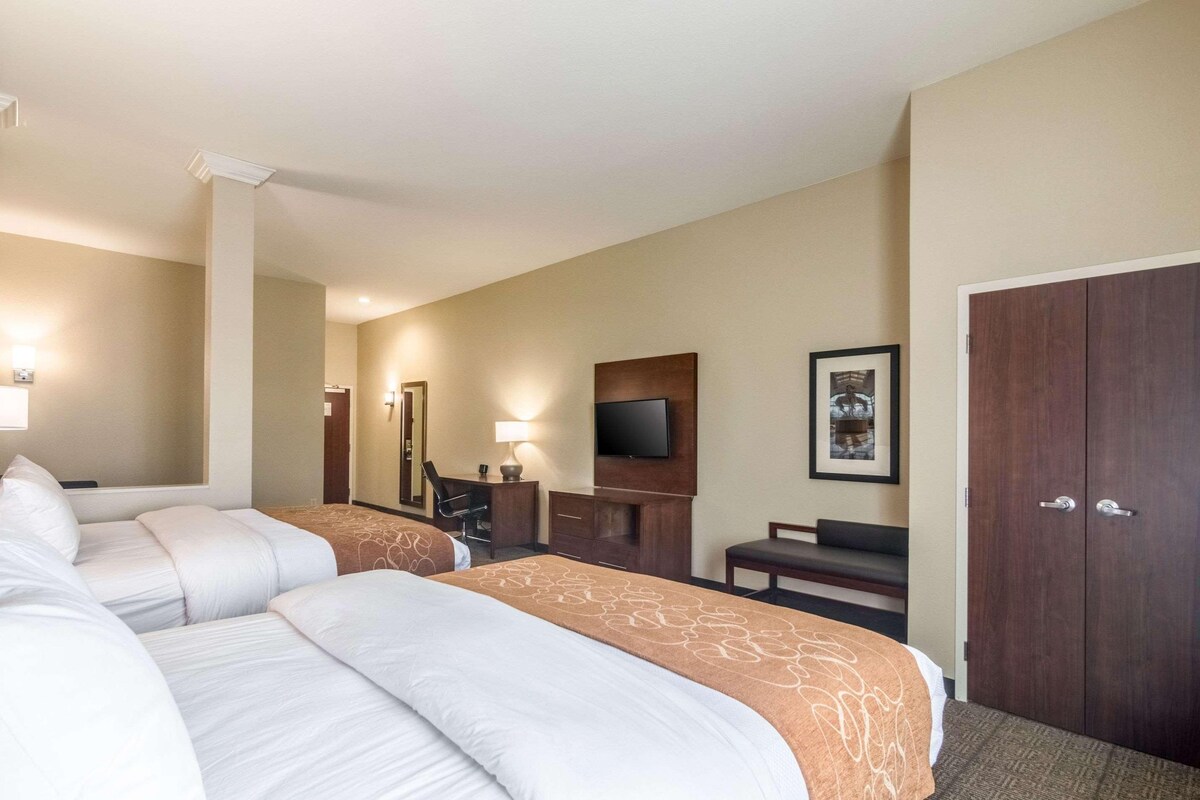 Habitación de hotel con dos camas, un escritorio, una silla, un televisor y un armario.