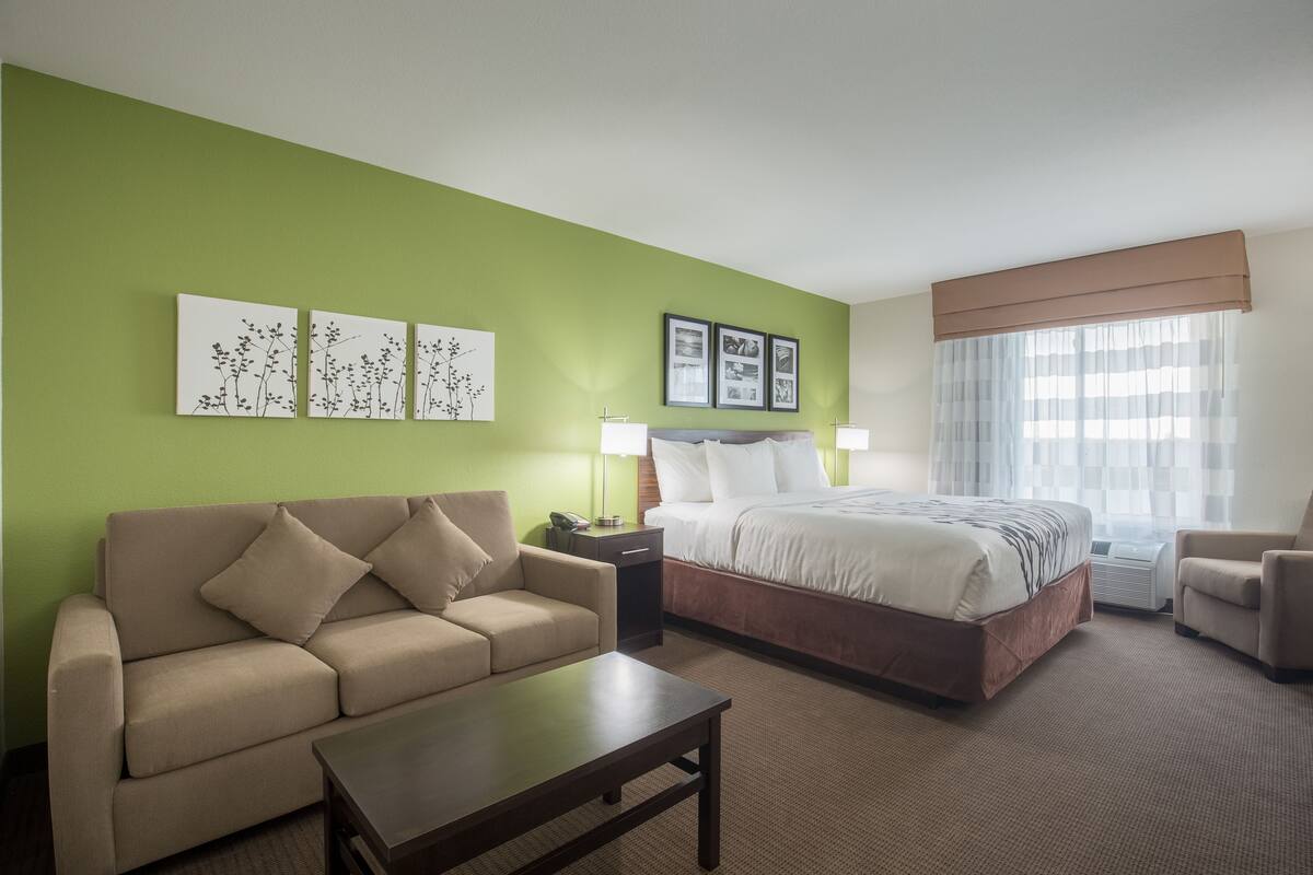 A hotel room with a green wall, a bed, a sofa, a coffee table, and two lamps.