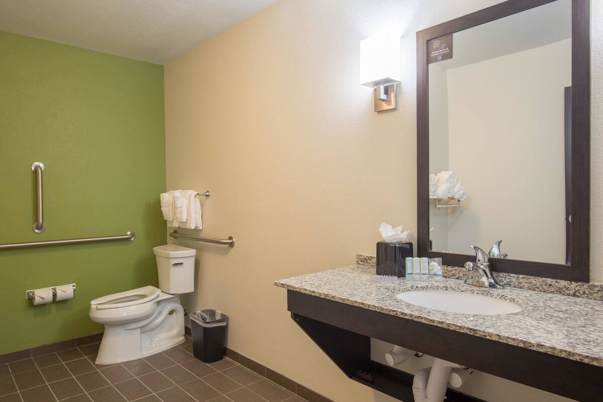 A bathroom with a green wall, a white toilet, a sink with a mirror, and a handrail.