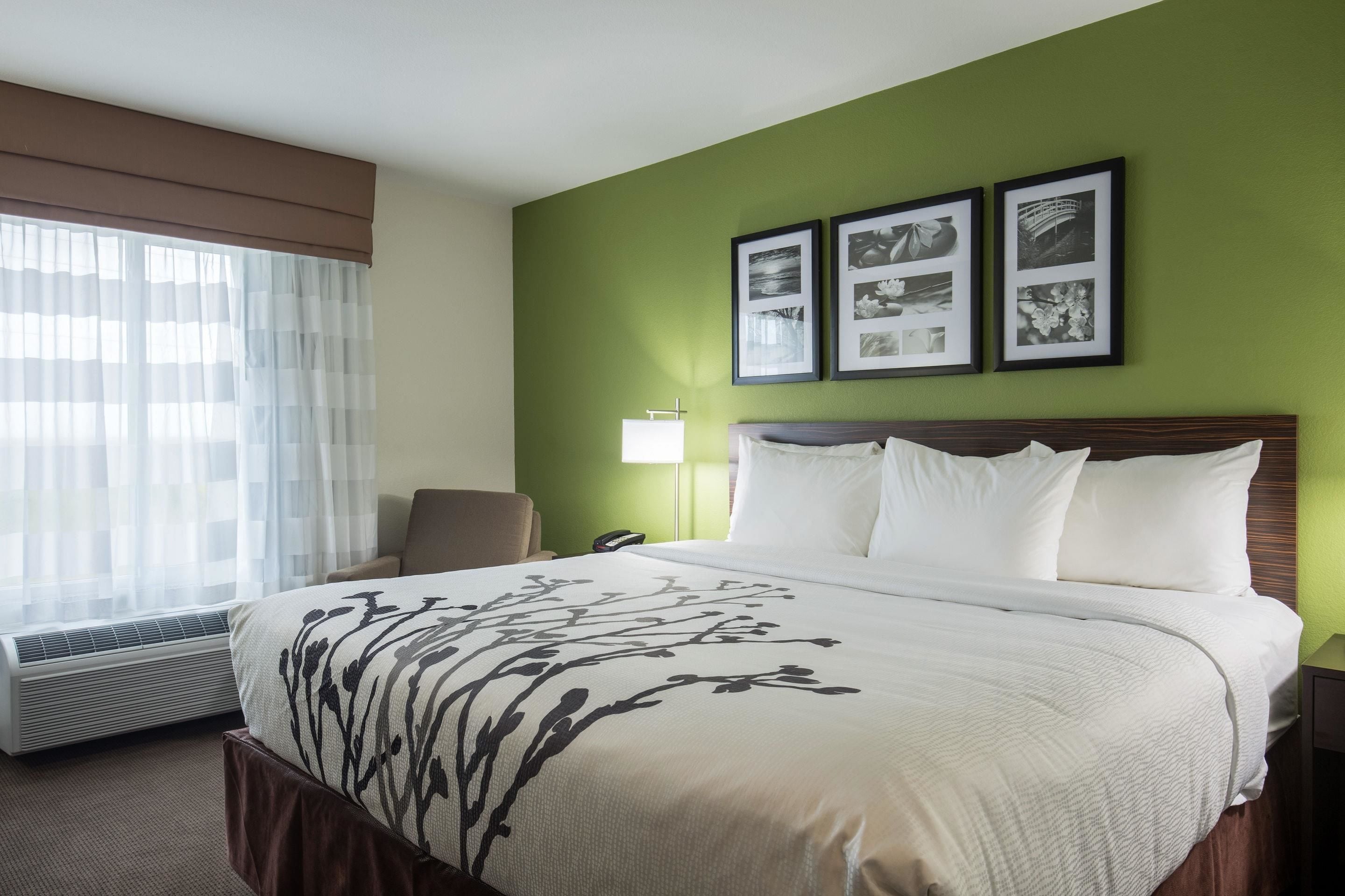 A hotel room with a large bed, a chair, a bedside table, and a wall-mounted phone.