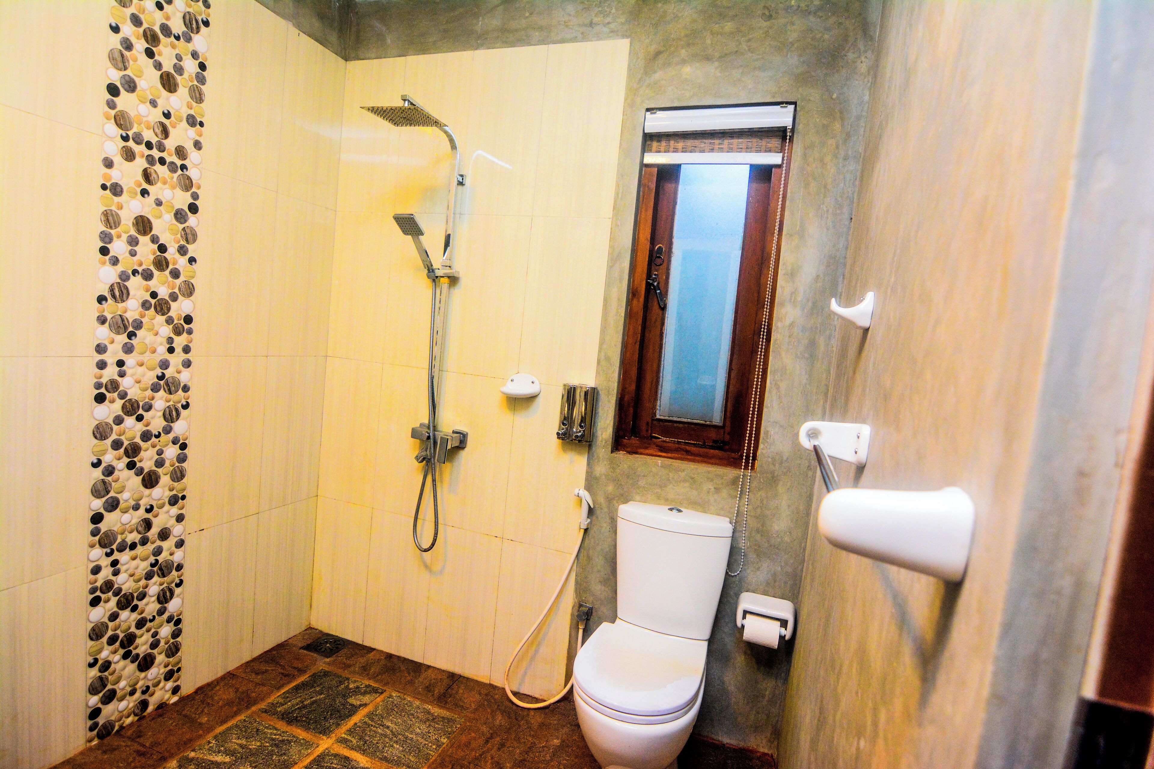 Une salle de bain avec douche, toilettes et un mur décoratif.