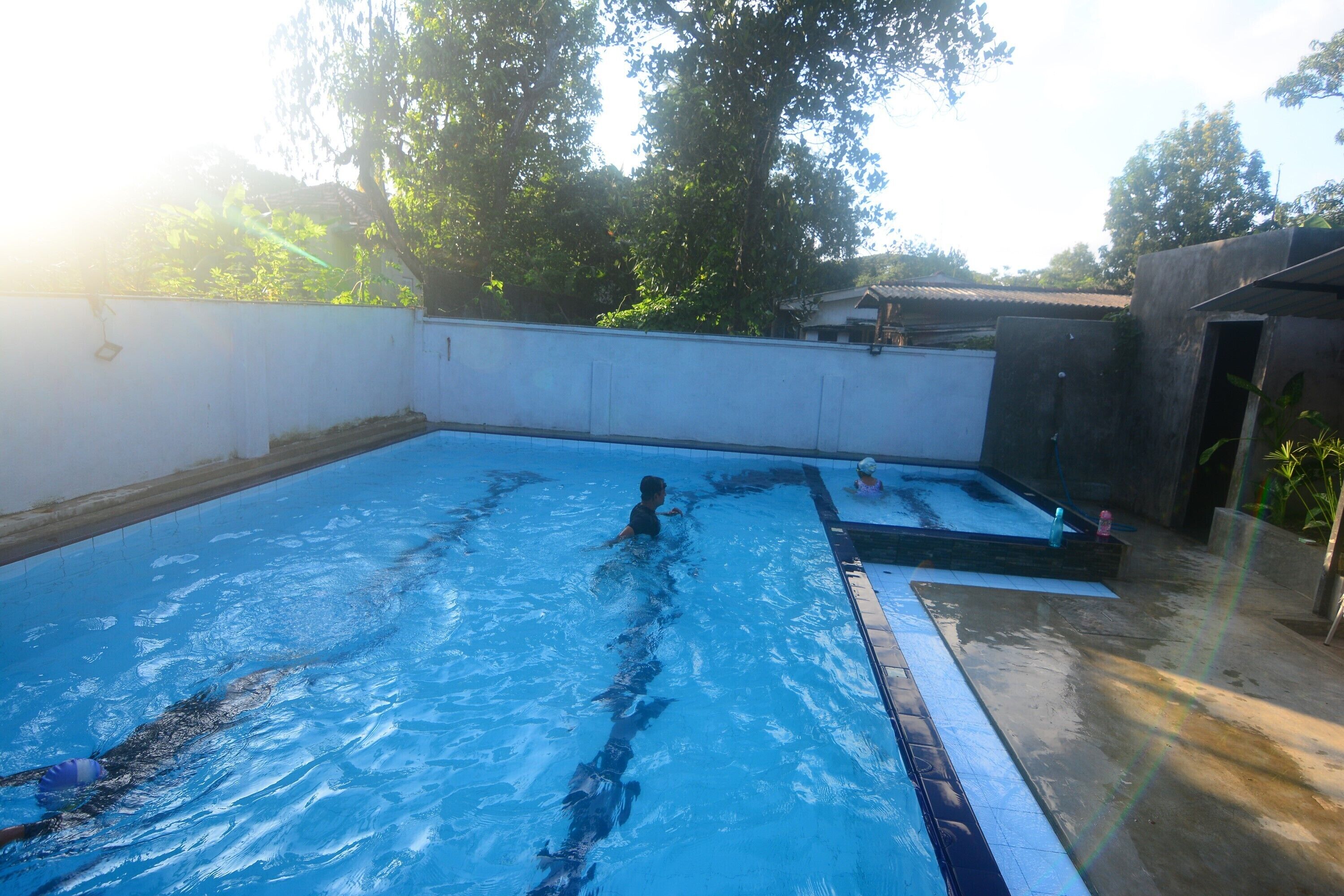 A swimming pool with clear lanes, surrounded by a white wall and trees.